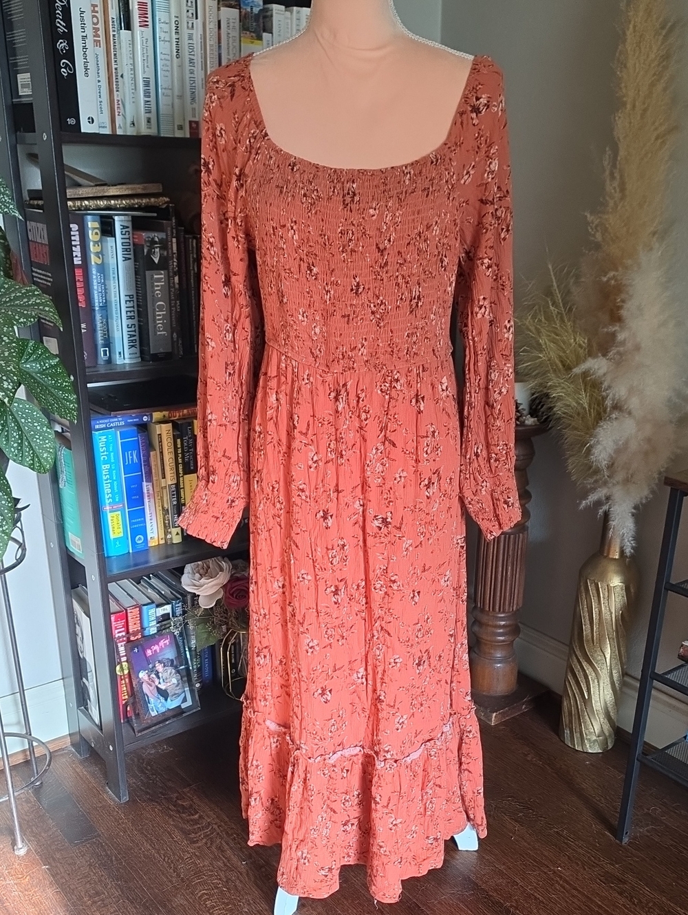 Promesa Rust Floral Long Sleeve Smocked Maxi Dress Size Large